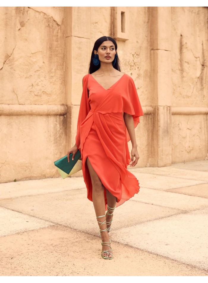 Midi party dress with asymmetric cape and gathering