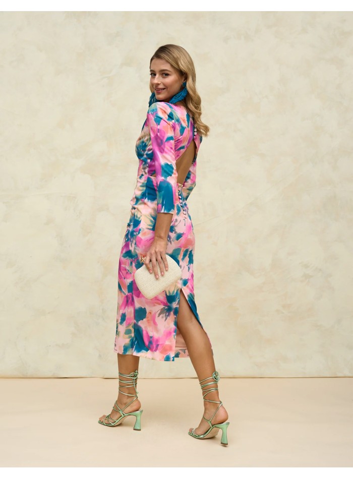 Vestido de fiesta midi estampado con espalda al aire y escote en V de Miphai