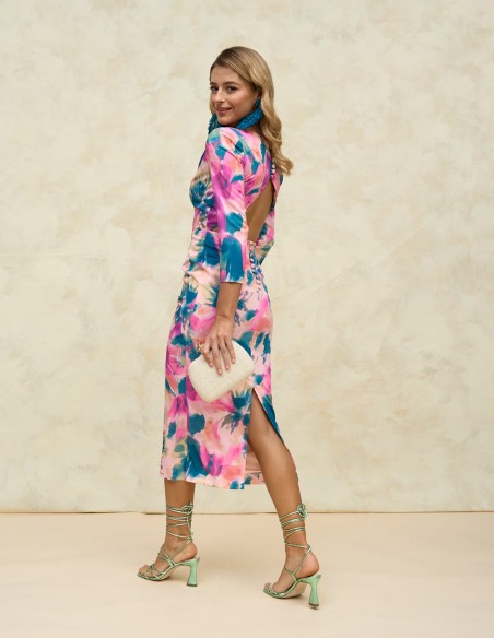 Vestido de fiesta midi estampado con espalda al aire y escote en V de Miphai Vestido de fiesta midi estampado con espalda al aire y escote en V de Miphai