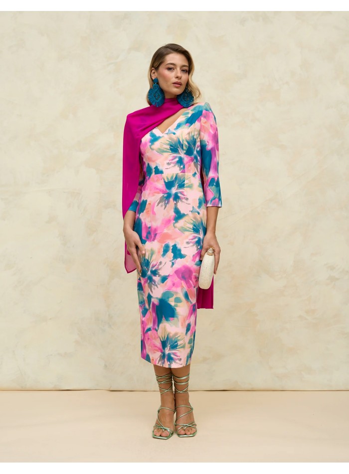 Vestido de fiesta midi estampado con espalda al aire y escote en V como invitada