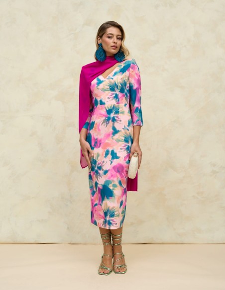 Vestido de fiesta midi estampado con espalda al aire y escote en V como invitada Vestido de fiesta midi estampado con espalda al aire y escote en V como invitada