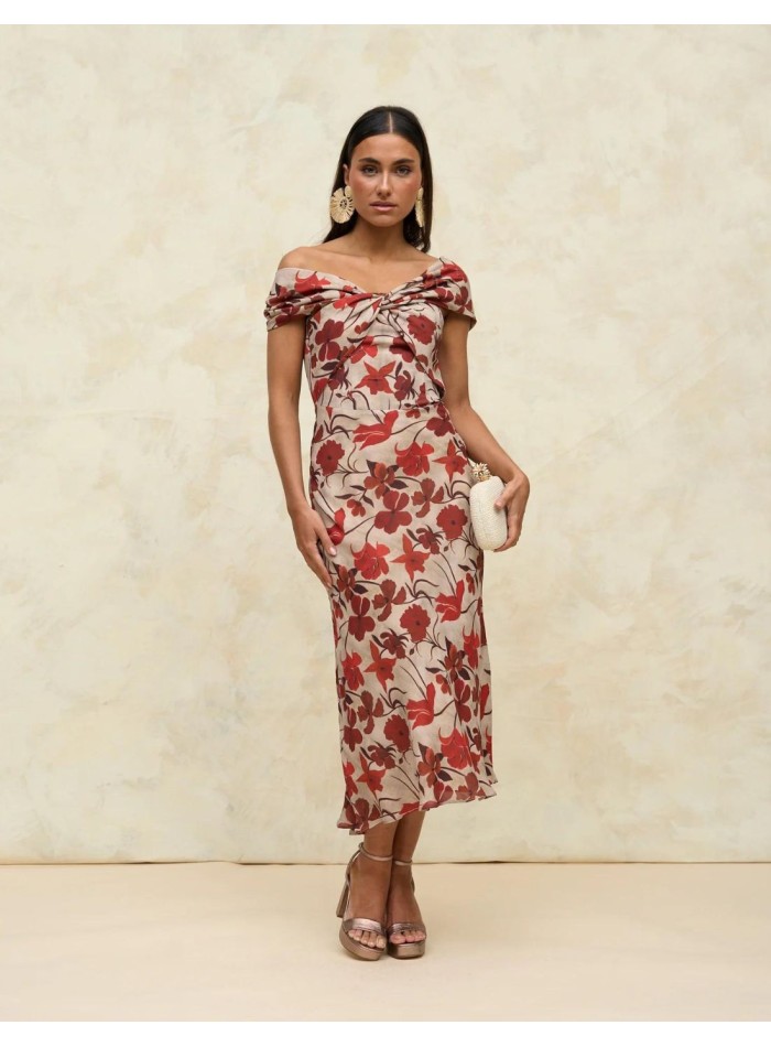 Vestido midi de fiesta con estampado floral.