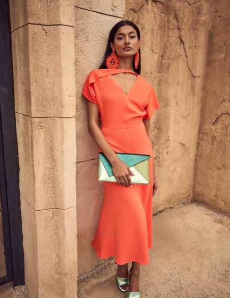 V-neck midi party dress for events.