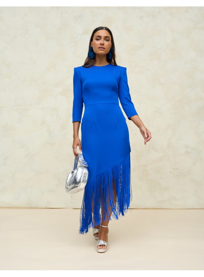 Midi party dress with shoulder strap and fringed hemline