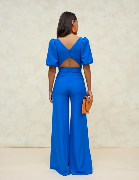 Party jumpsuit with back neckline and puffed sleeves