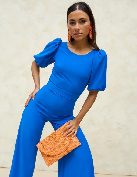 Party jumpsuit with back neckline and puffed sleeves