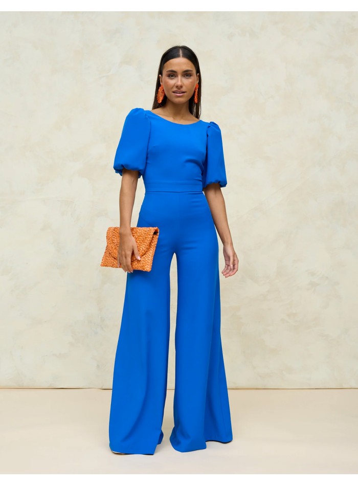 Party jumpsuit with back neckline and puffed sleeves