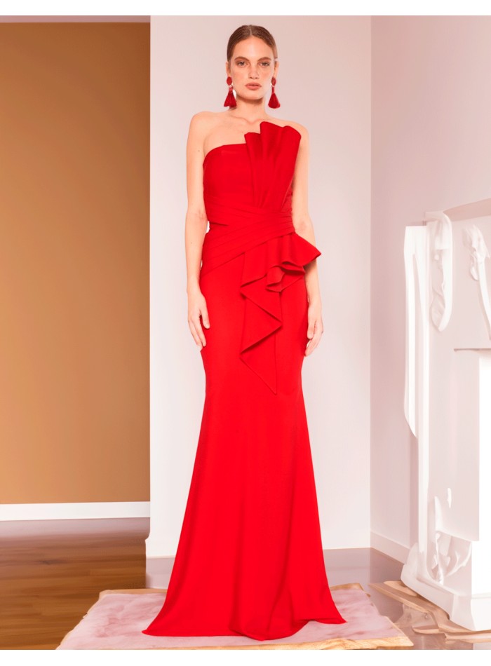 Red strapless evening dress with front detail