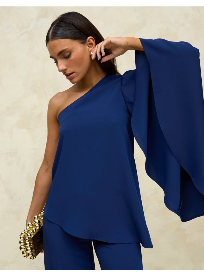 Asymmetric party blouse with flared sleeves