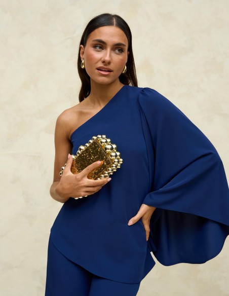 Asymmetric party blouse with flared sleeves