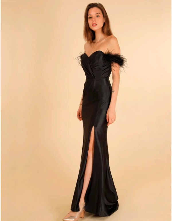Satin evening dress with bandeau neckline and feathers