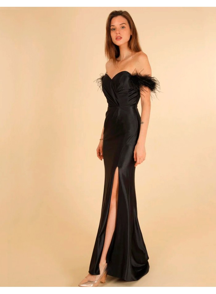 Satin evening dress with bandeau neckline and feathers