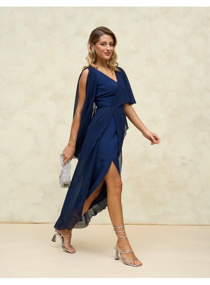 Midi party dress with open back and flowing sleeves