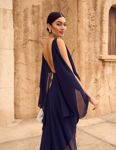 Midi party dress with open back and flowing sleeves