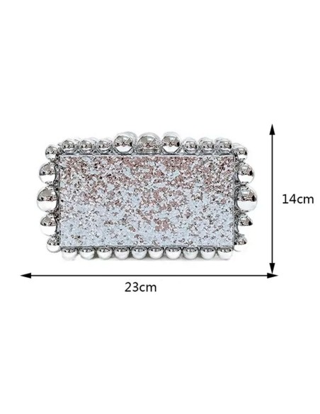 Bolso de fiesta metalizado acrílico con detalle de bolitas plata Bolso de fiesta metalizado acrílico con detalle de bolitas plata