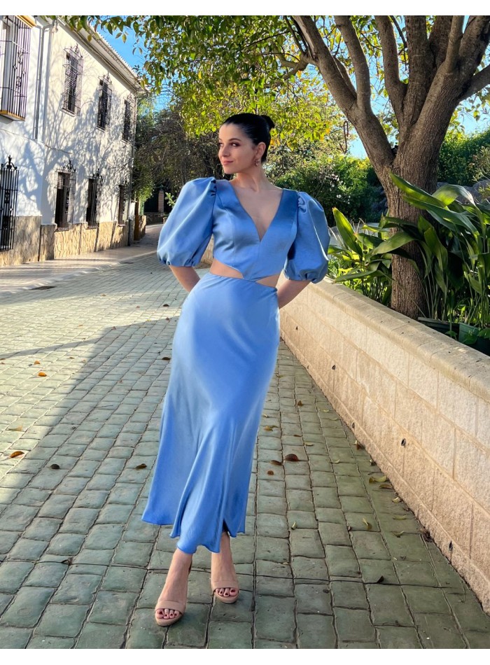 Vestido midi de fiesta con manga globo y cintura cut-out