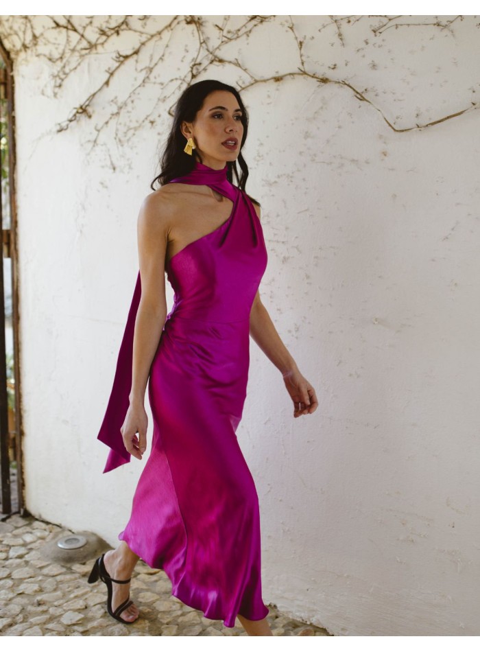 Satin midi party dress with asymmetric neckline and bowing