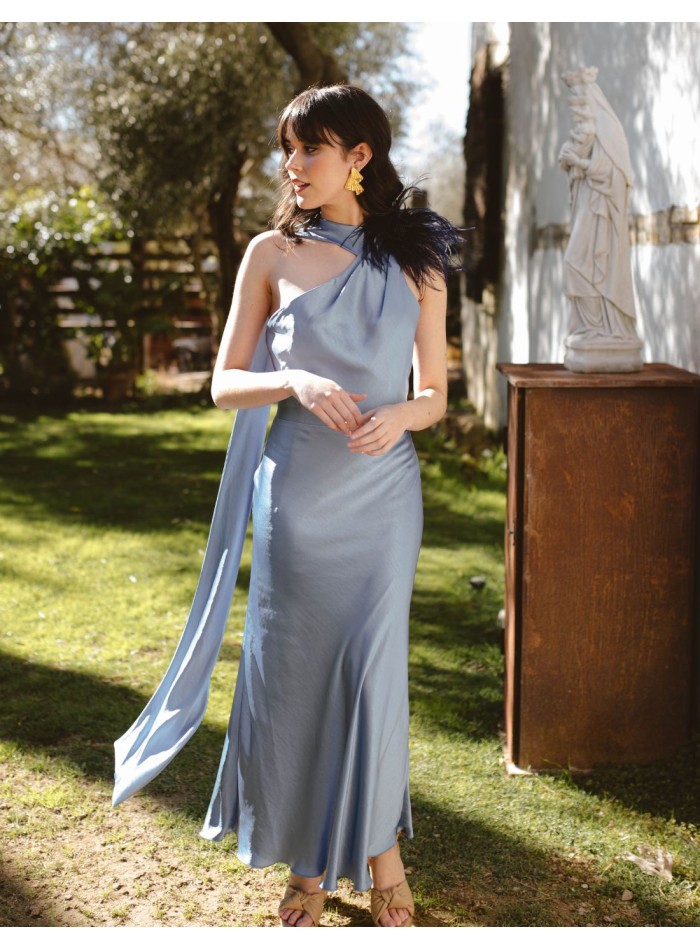 Satin midi party dress with asymmetric neckline and bowing
