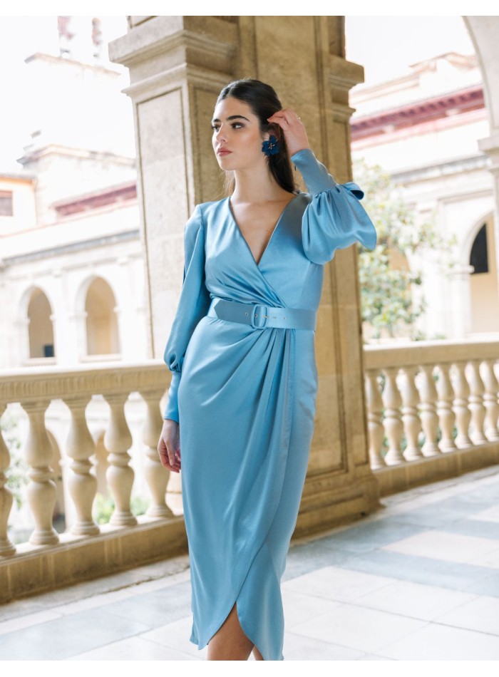 Satin midi dress with belt and cross over