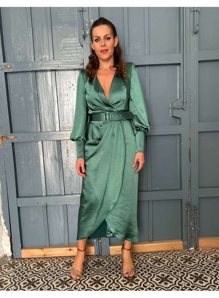 Satin midi dress with belt and cross over