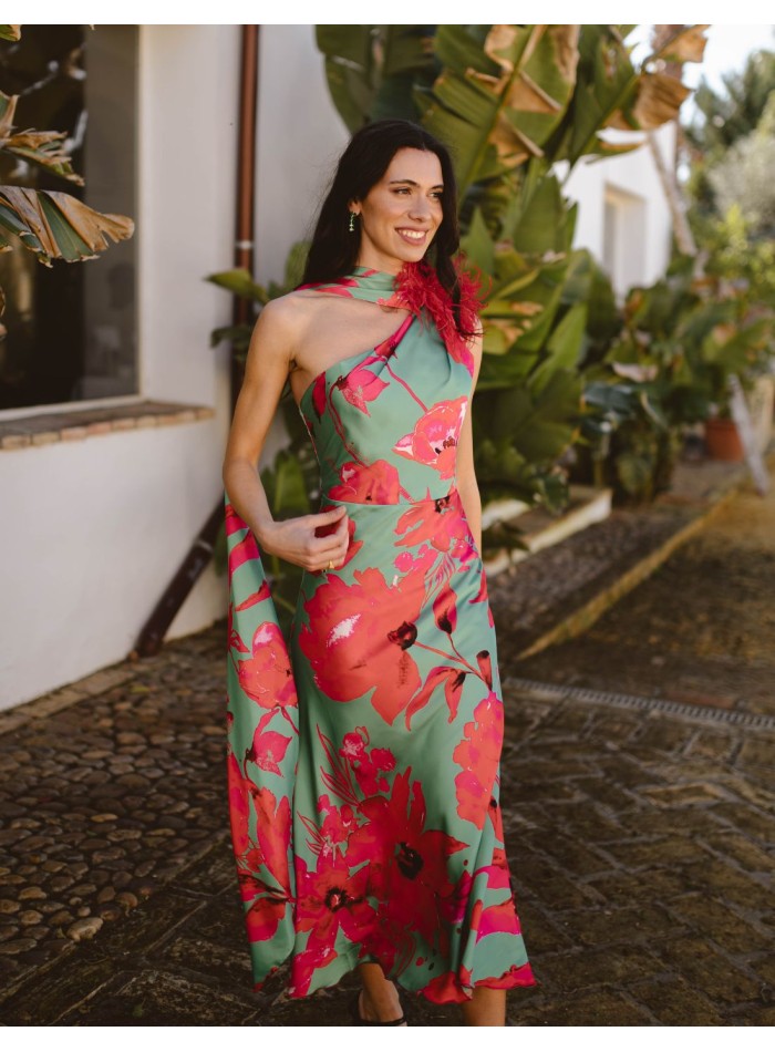 Robe asymétrique de soirée à imprimé tropical