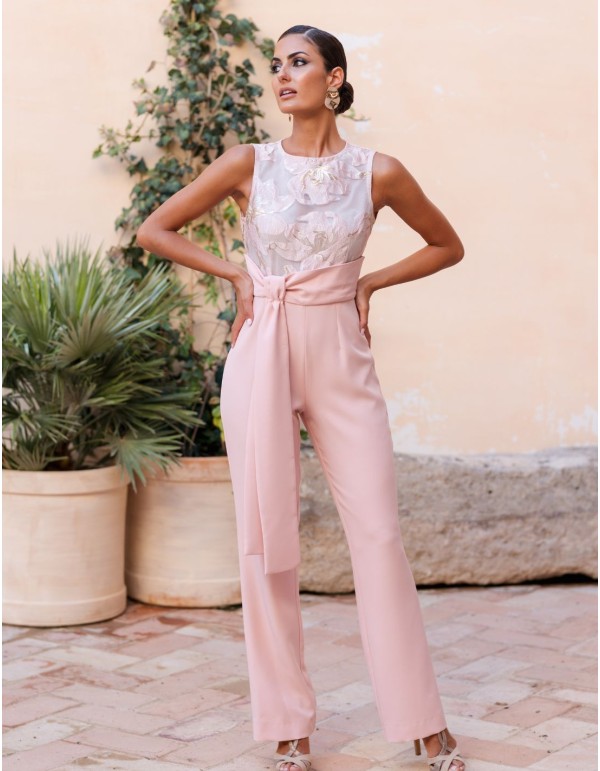 Combinaison longue rose poudré avec corsage en organza