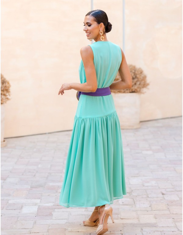 Turquoise midi party dress with purple belt 2