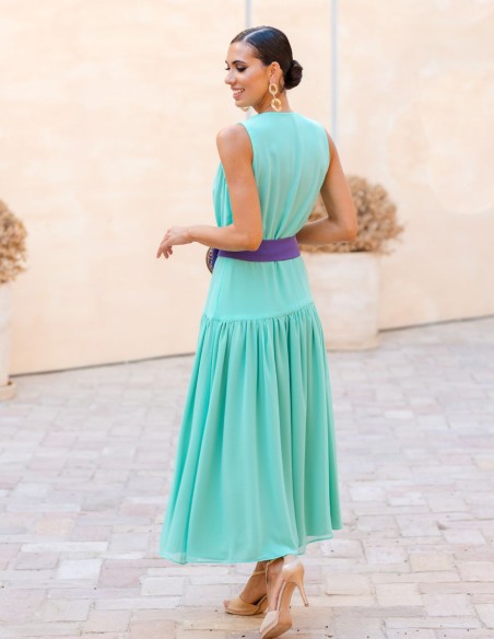 Turquoise midi party dress with purple belt