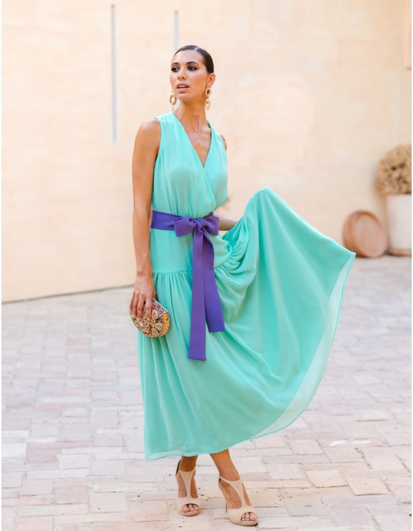 Turquoise midi party dress with purple belt