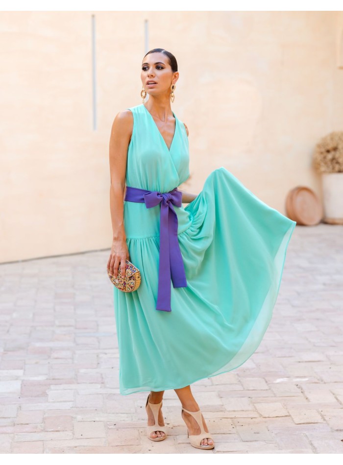 Robe de soirée midi turquoise avec Ceintures violettes