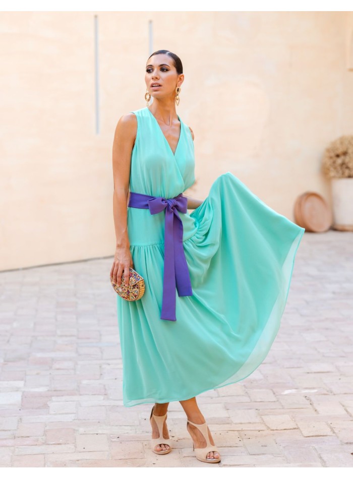 Turquoise midi party dress with purple belt