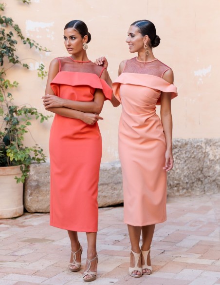 Midi party dress with wrap-around ruffle neckline