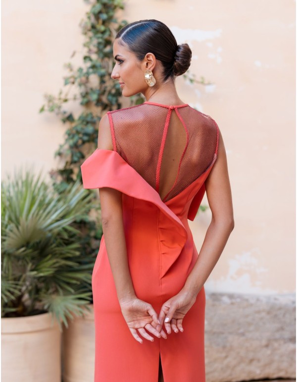 Robe de soirée midi avec encolure enveloppante à volants 2