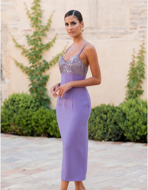 Robe de soirée midi unie combinée à des sequins et à une... 2