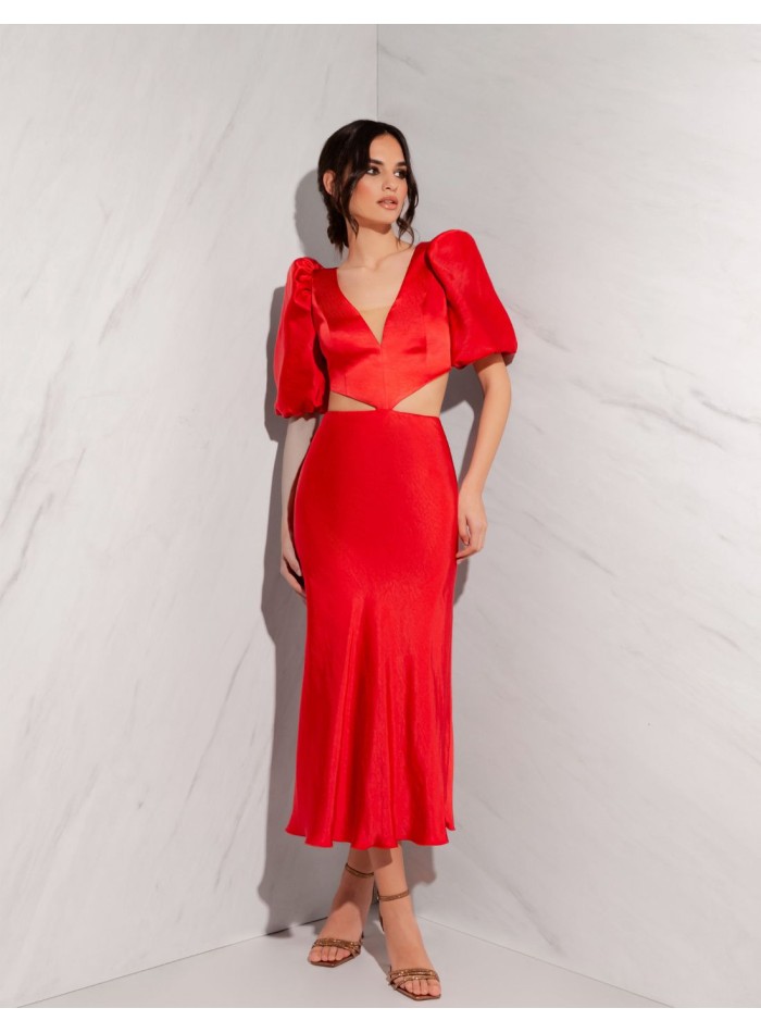 Midi party dress with balloon sleeves and cut-out waist