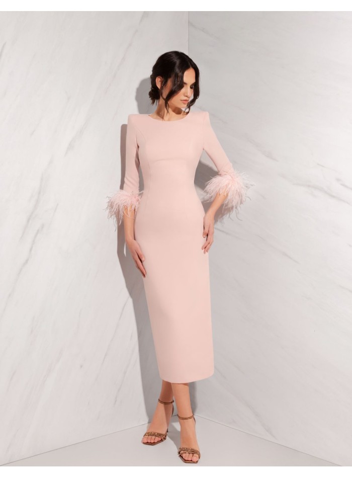 Robe de soirée midi unie avec manches en plumes françaises