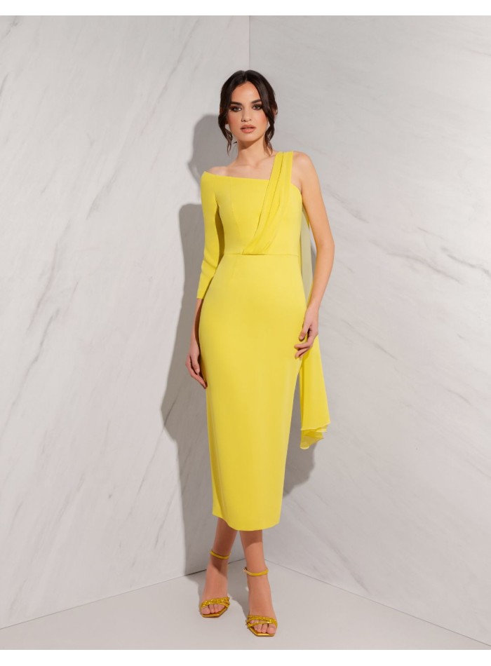 Midi party dress with asymmetrical neckline and cape