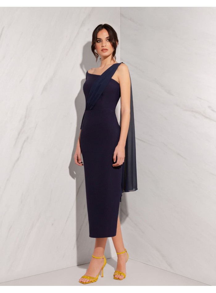 Midi party dress with asymmetrical neckline and cape