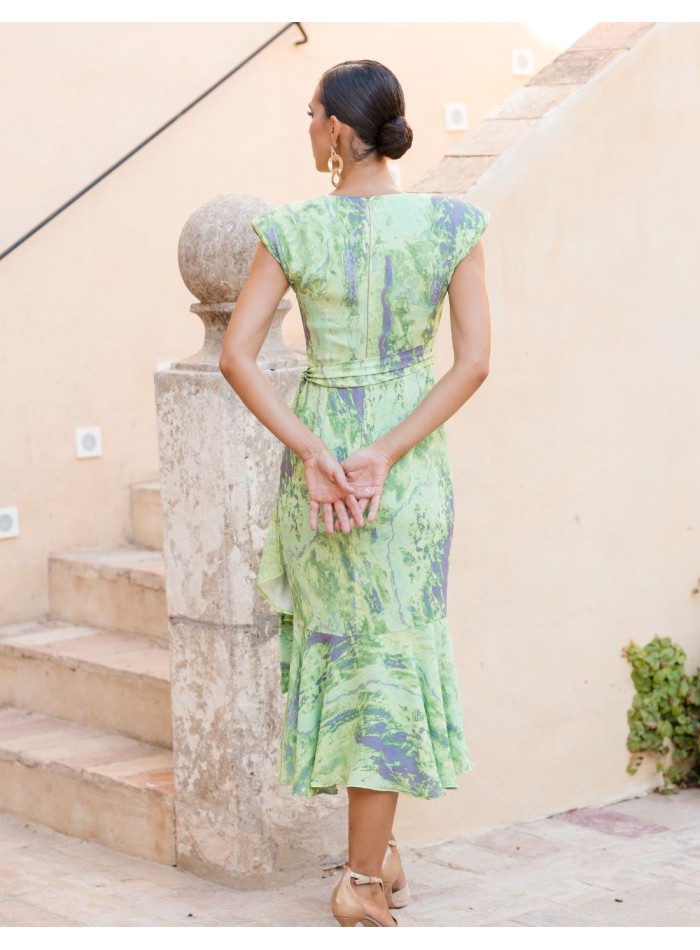 Robe de soirée midi imprimée avec épaulettes et...