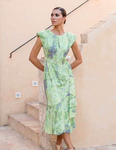 Robe de soirée midi imprimée avec épaulettes et volants