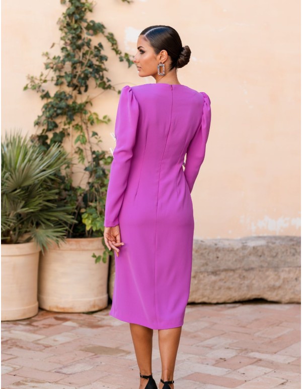 Robe de soirée midi unie à manches longues et décolleté en V 2