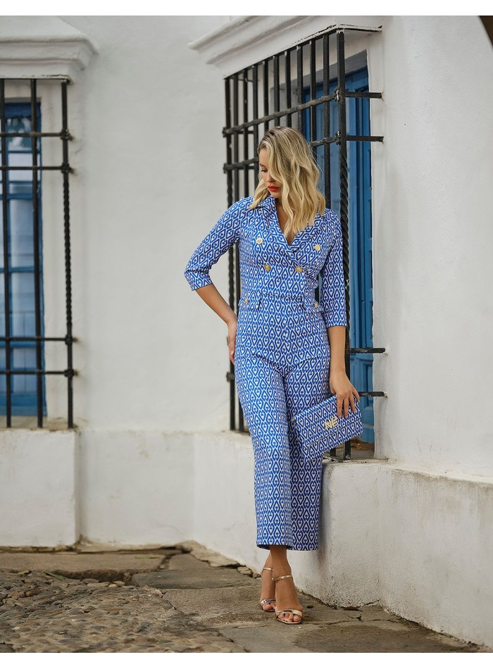 Printed party jumpsuit with gold buttons