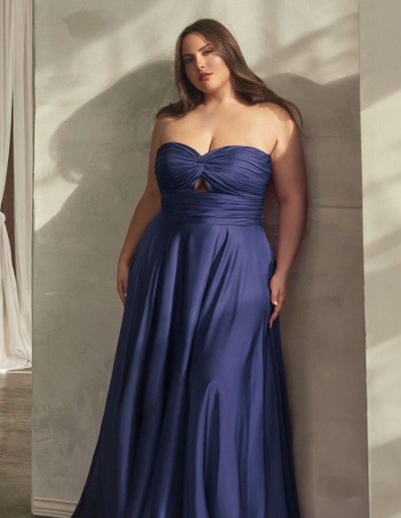 Long satin party dress with draped sweetheart neckline