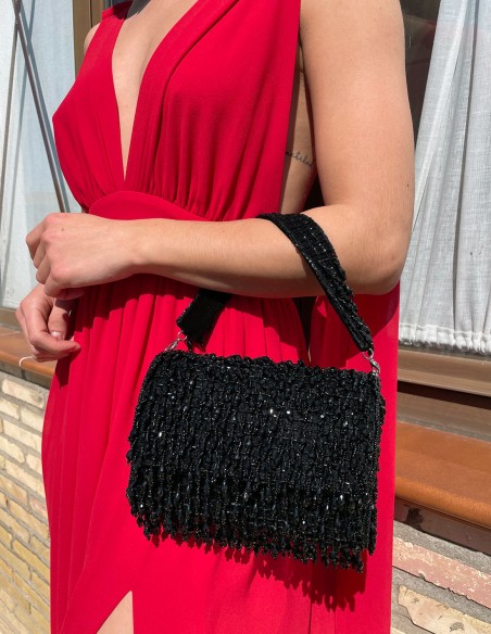 Bolso de fiesta de pedrería con cristales y cuentas en color negro