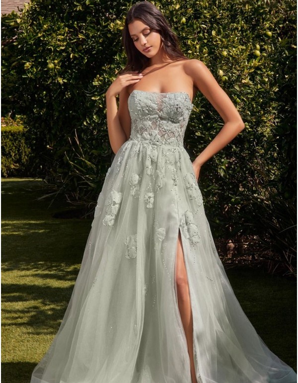 Long ball gown with bodice and tulle skirt decorated with flowers