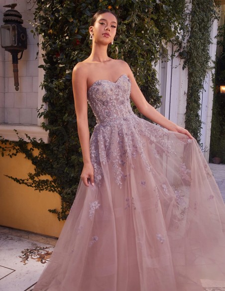 Long party dress with floral embroidery and sweetheart neckline and removable sash pink colour