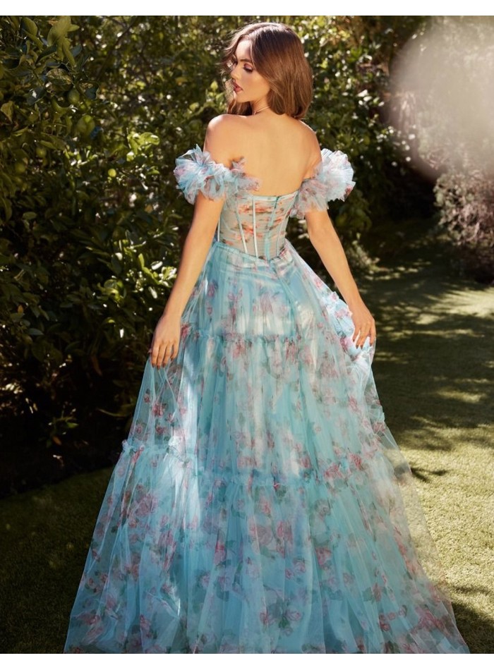 Long party dress with ruffled straps and floral print