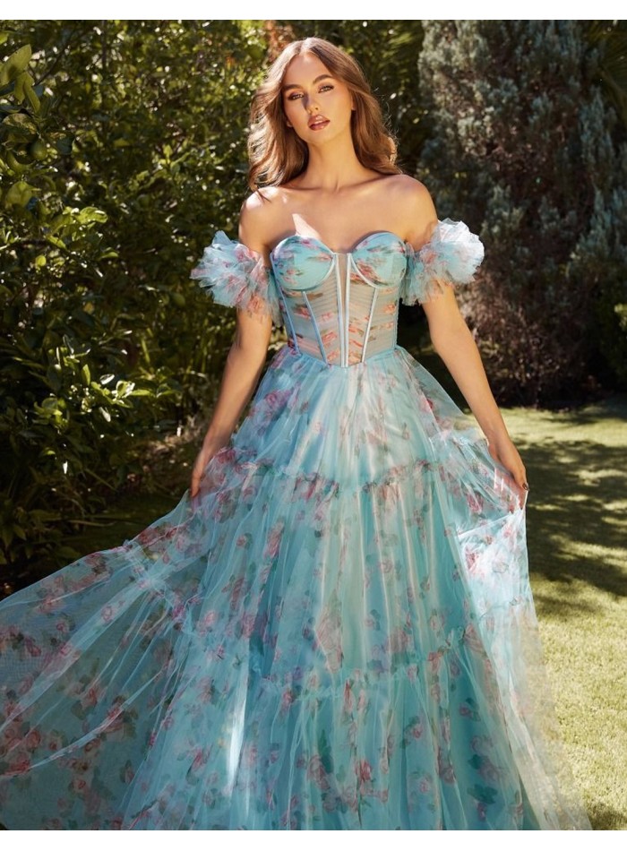 Vestido de fiesta largo con tirantes fruncidos y estampado de flores