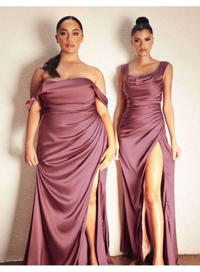 Long satin dress with bandeau neckline and draped bodice