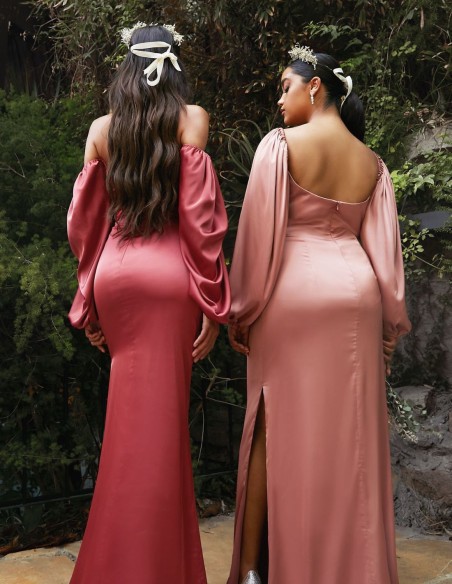 Robe longue de fête en satin avec manches longues multipositions